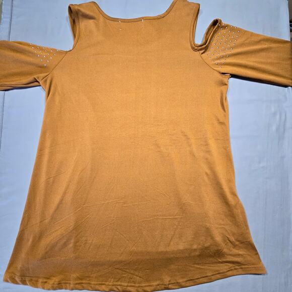 French Laundry Brown Cold Shoulder Shirt Stretch Studded Preppy Y2K Women Size L - Picture 2 of 12